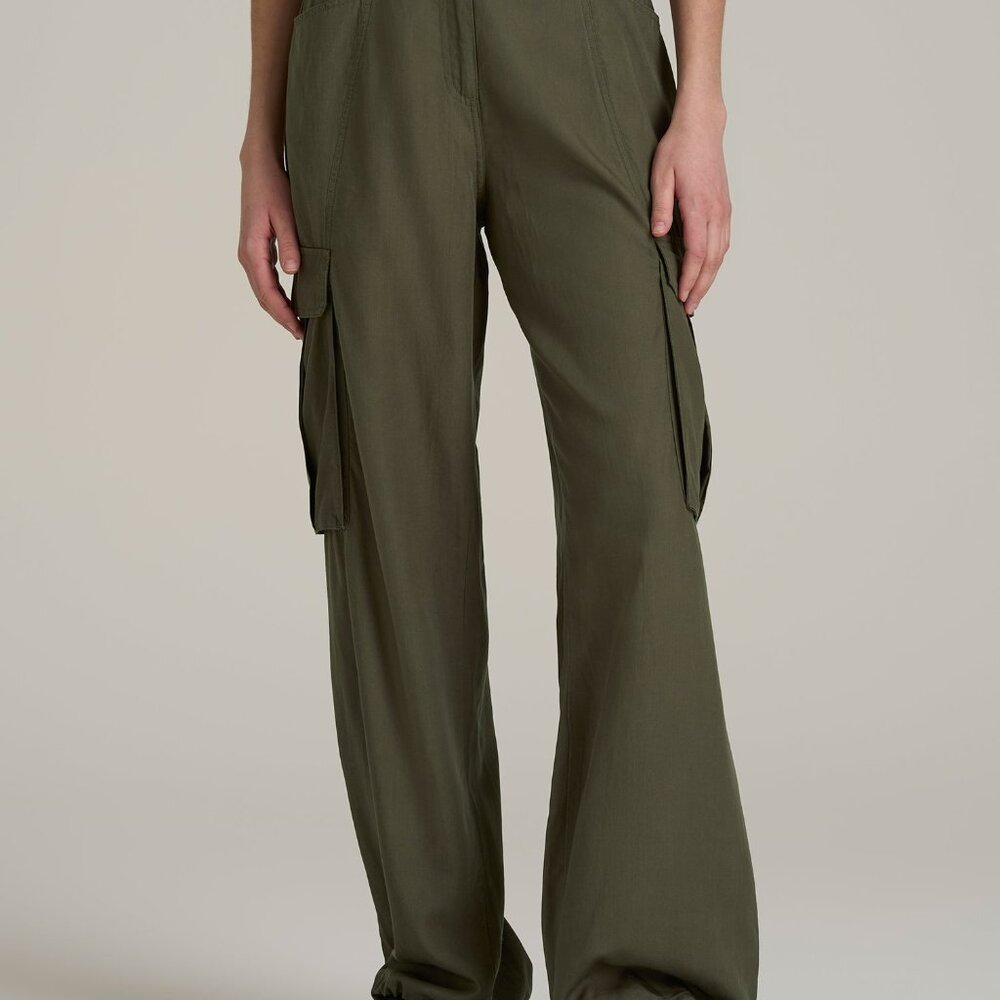 American Tall High Rise Cargo Parachute Pants for Tall Women in Forest Night Siz